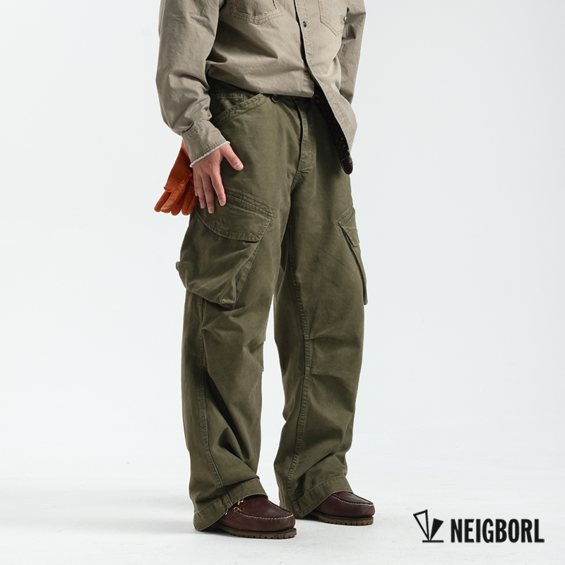 美式复古休闲阔腿多口袋工装长裤