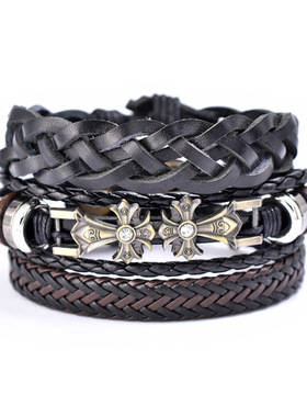 2025新款复古蜡线多层十字架牛皮手链速卖通跨境棉质编织潮流饰品