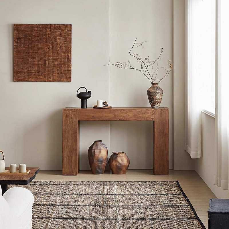 侘寂风原木玄关桌中古风做旧实木玄关台民宿沙发背后展示案台长桌