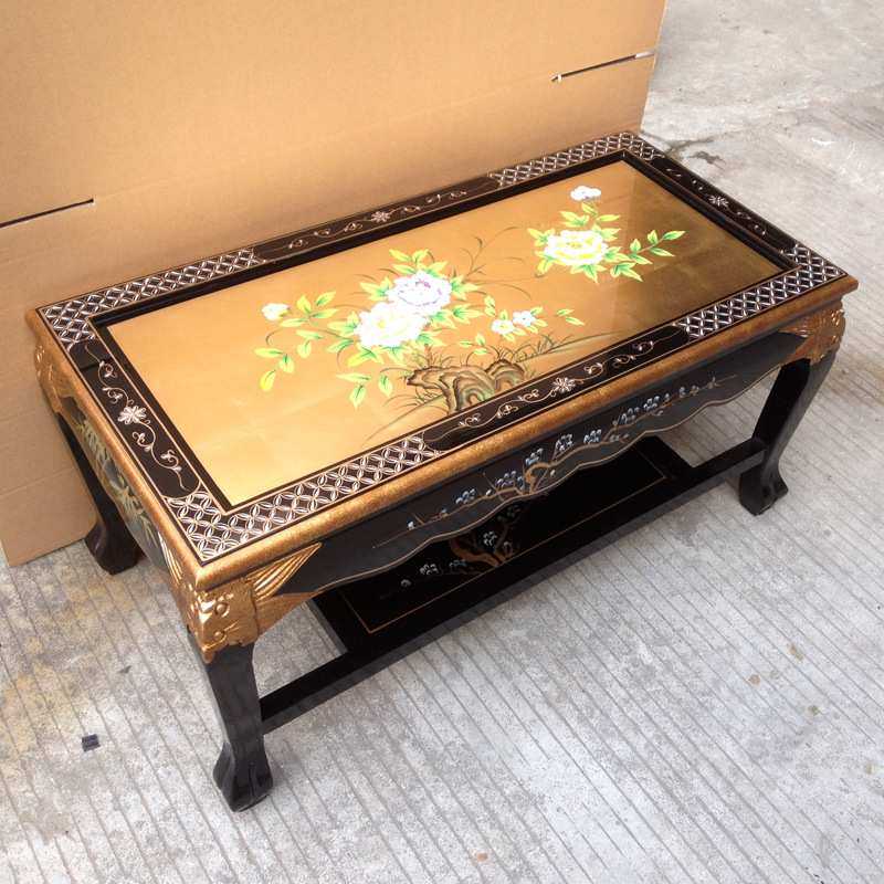 至高美金箔彩绘家具大茶几客厅亮光烤漆实木咖啡桌子手绘梅花牡丹