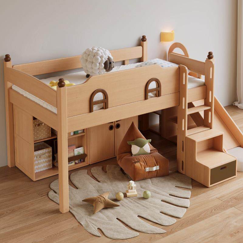 全实木榉木上下床半高床儿童床高架床滑梯床衣柜床一体小户型靠墙