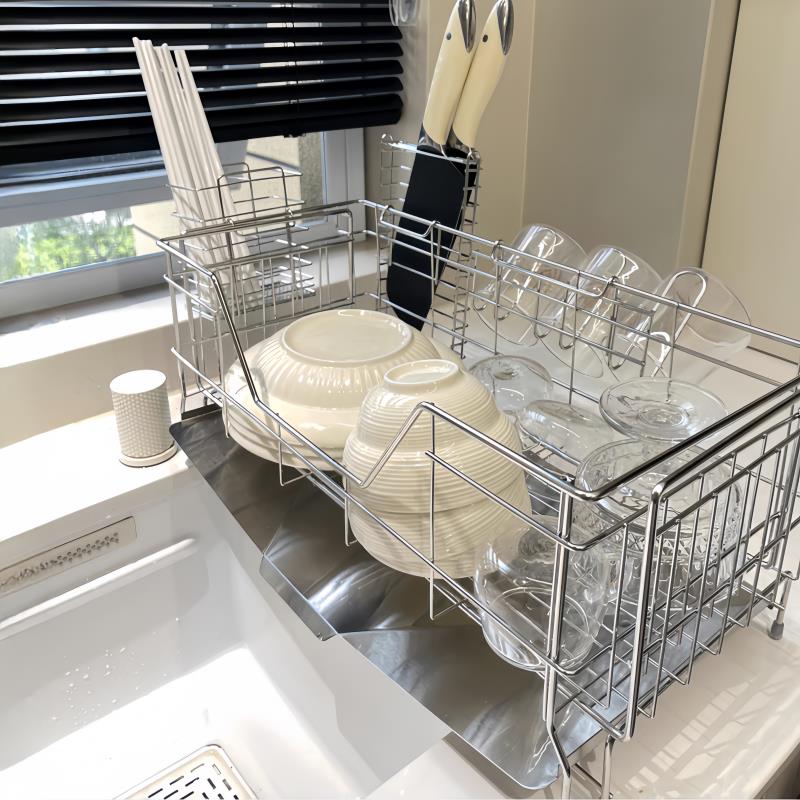 日本进口窄款304不锈钢水槽边沥水碗架极窄可伸缩加长刀筷杯收纳