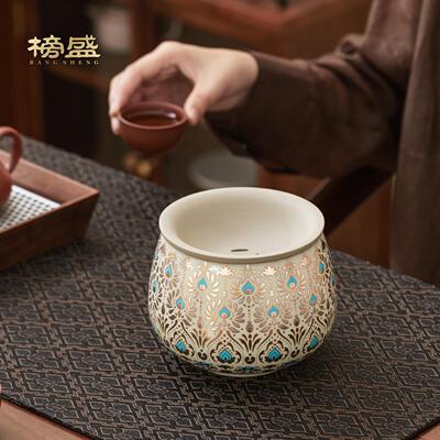 汝窑敦煌凤翎建水茶渣缸带盖子大号高端茶洗水盂家用功夫茶具配件