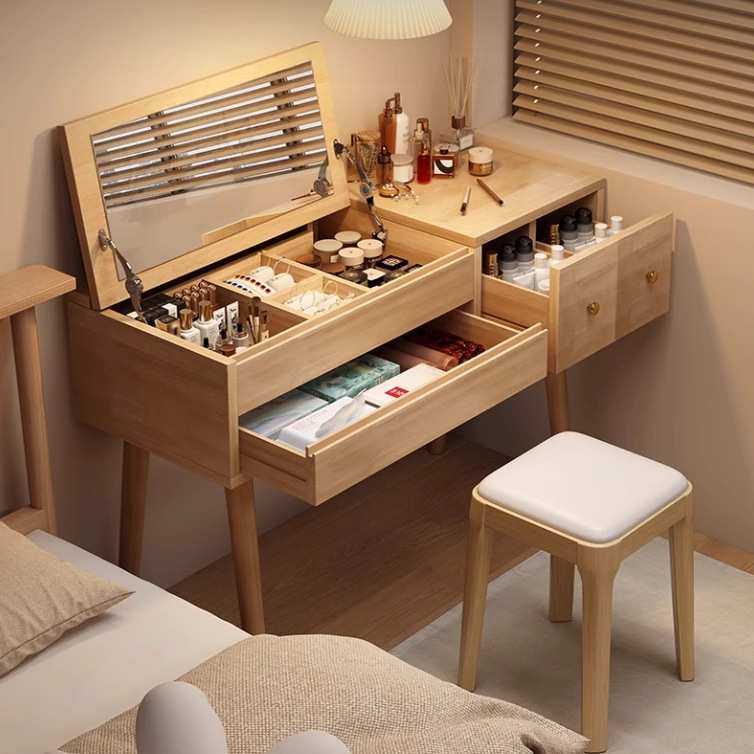 实木化妆桌小户型卧室翻盖梳妆台现代简约轻奢高级感斗柜化妆桌镜