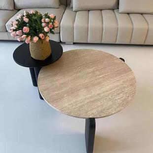 侘寂风实木洞石茶几极简小茶台小户型客厅家用圆形阳台大理石矮桌