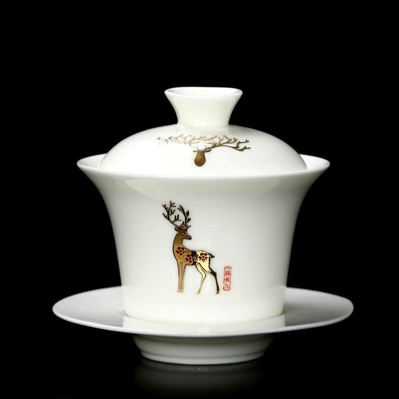 紫不语羊脂玉盖碗 金鹿陶瓷功夫茶具泡茶碗家用白瓷三才碗盖杯