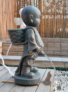 中式可爱小男孩尿尿喷泉禅意小和尚雕塑男女童阳台花园人物喷水