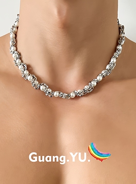 钛钢珍珠项链男款小众设计高级感不规则链条气质锁骨链饰品潮流