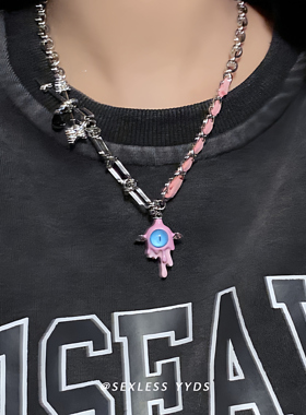 甜酷小怪兽粉色金属链条项链