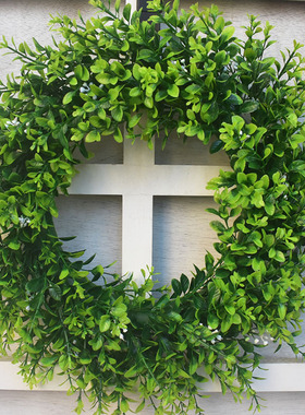 跨境美式春季仿真花环门饰大号小叶米兰草门环黄杨木绿色草环