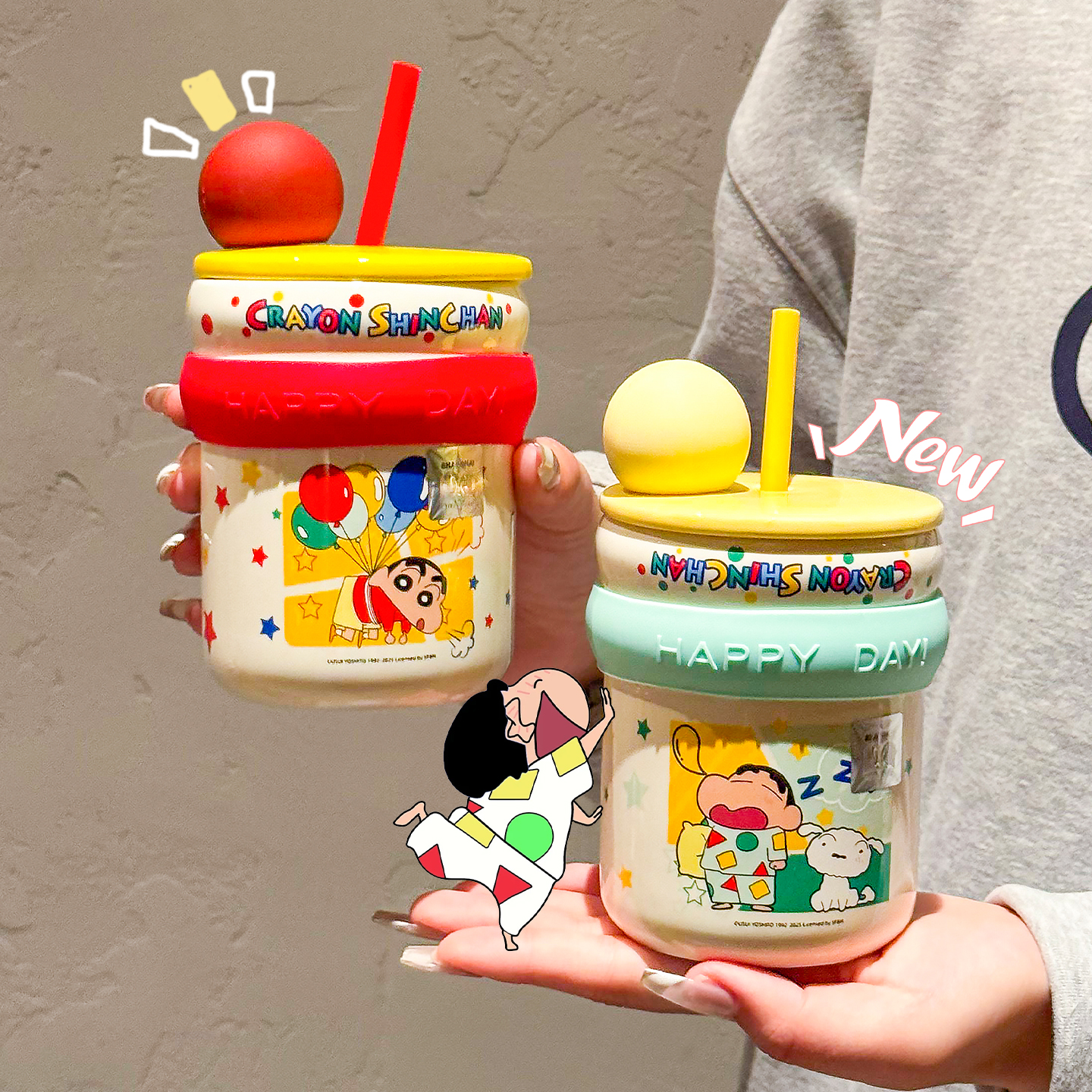 正版蜡笔小新马克杯吸管杯带盖