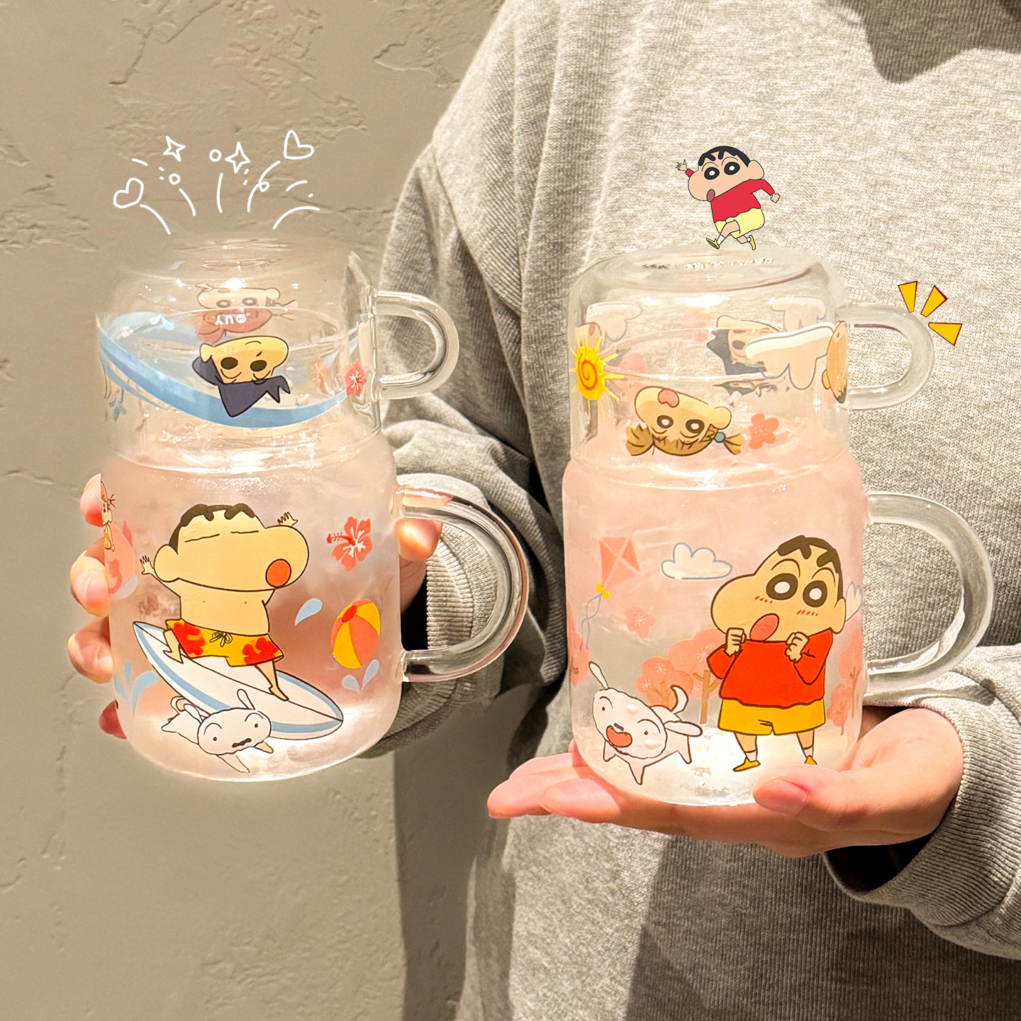 蜡笔小新高硼硅玻璃杯带盖家用