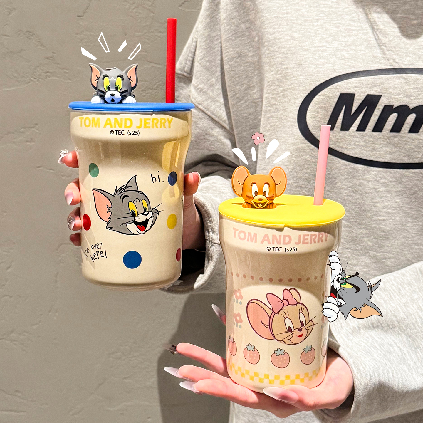 猫和老鼠陶瓷杯子带盖办公吸管杯