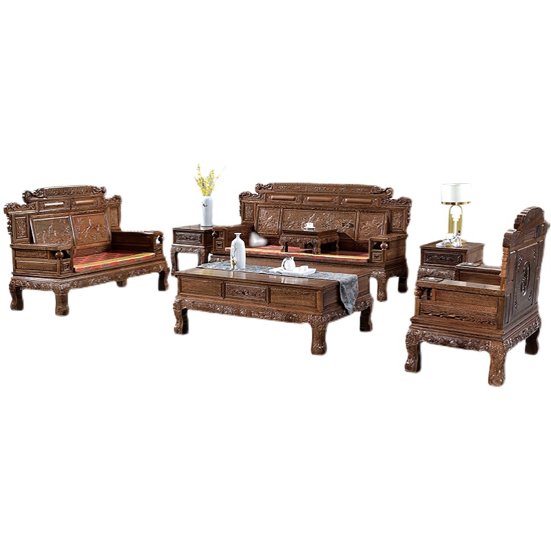 红木家俱鸡翅木原木财源滚滚沙发新古典中式雕花实木沙发茶几组合