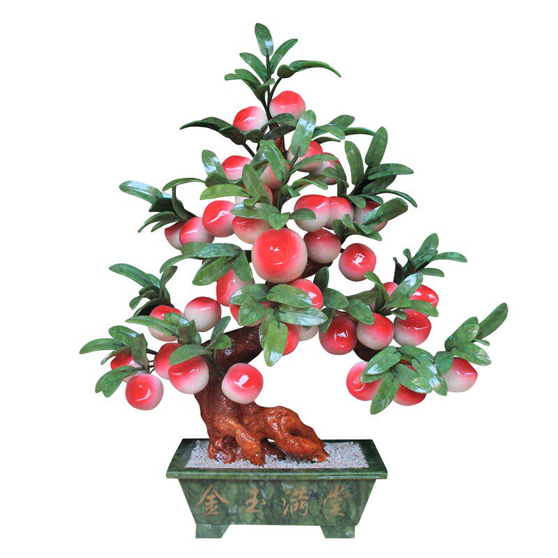 玉石雕刻桃树客厅玉器花架装饰品新中式寿桃蟠桃树茶几玉雕大摆件
