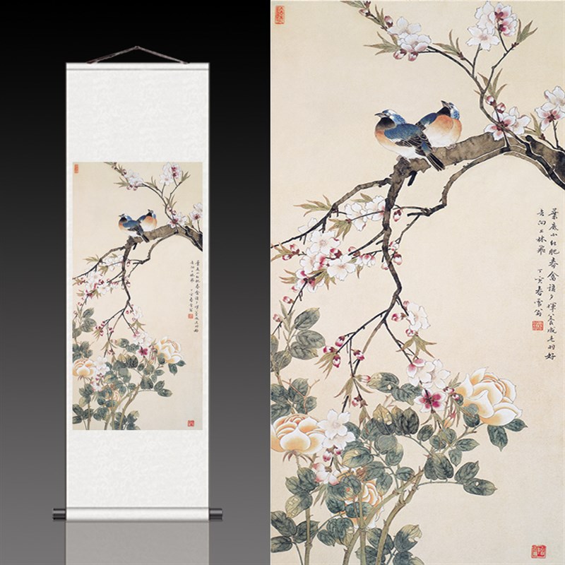 名家字画书房装饰画雪翁春禽枝头小红肥丝绸挂画卷轴画工笔花鸟画