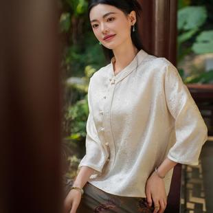 【桑蚕丝】觅萝香原创新中式2025年夏季百搭桑波缎腰果花衬衫女