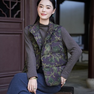 觅萝香冬绢纺印花老料 90白鹅绒 手工盘扣羽绒马甲 26MM香云纱