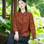 衬衫 女 红龟 印花蝶舞立领珠扣长袖 26MM香云纱 觅萝香原创设计