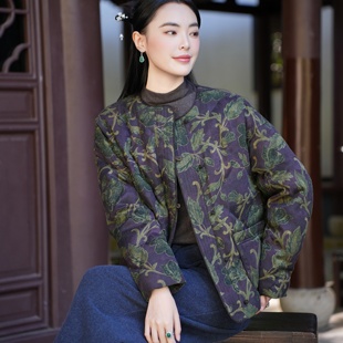 【40MM香云纱 90白鹅绒】觅萝香原创 绢纺印花老料长袖短款羽绒服