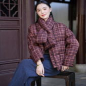 短款 羽绒服 觅萝香 绢纺印花老料围巾长袖 40MM香云纱 90白鹅绒