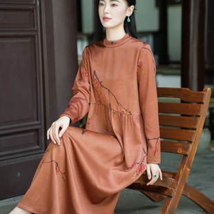 40MM香云纱 中式 重缎手绘老料 长袖 连衣裙女 觅萝香原创设计秋