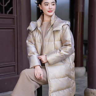 觅萝香冬 连帽 拉链 中长款 90白鹅绒 长袖 羽绒服女 26MM浮光锦