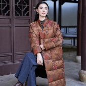 40MM绞织重缎香云纱 90白鹅绒 3D对花彩绘珠扣 中长款 羽绒服女