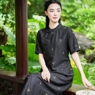 觅萝香新中式 绣花 2025年 龟纹 连衣裙女 圆领短袖 26mm香云纱