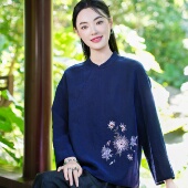 衬衫 女 觅萝香原创设计春 蓝龟纹盘长袖 26MM香云纱 纯手工绣花