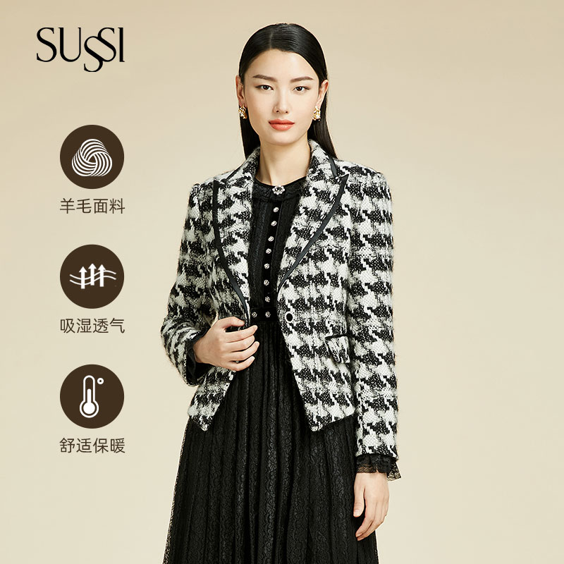 黑白格翻驳领通勤短外套