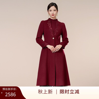 古色商场同款冬季新品红装高级感双面呢刺绣羊毛毛呢大衣