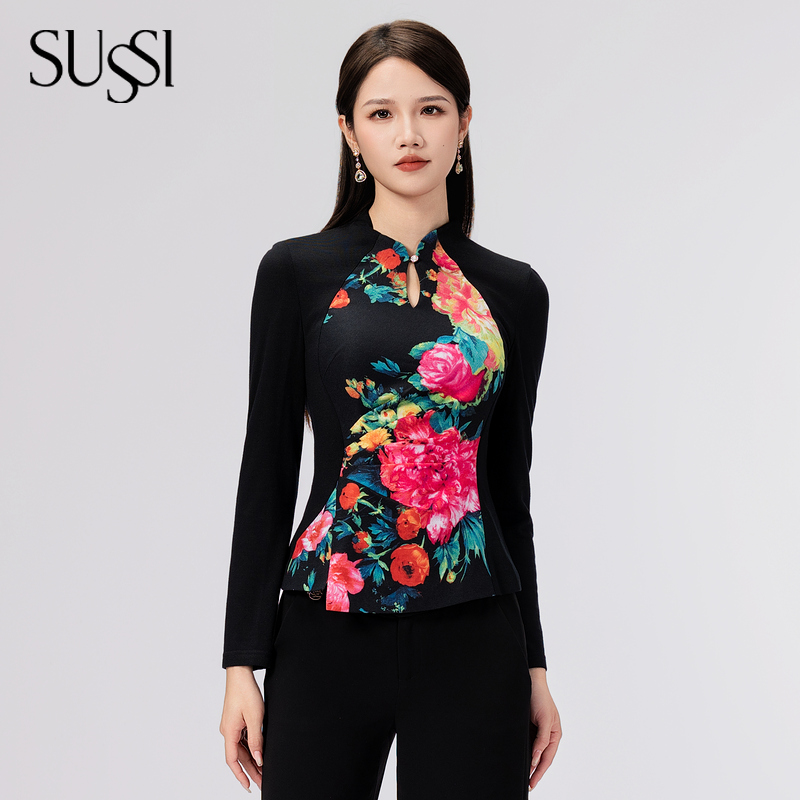 SUSSI/古色24秋季新品黑色百搭淑女印花收腰上衣女装