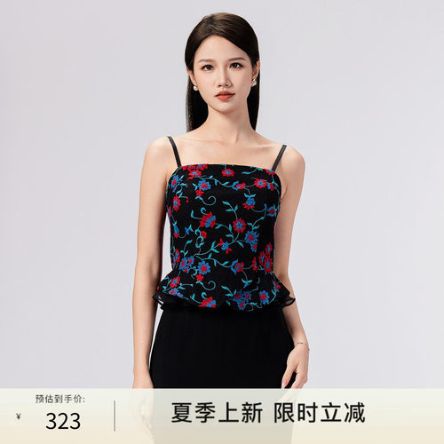 古色夏黑色百搭款刺绣吊带女装