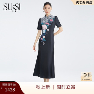 古色商场同款秋季新品黑色中式印花气质鱼尾连衣裙女装
