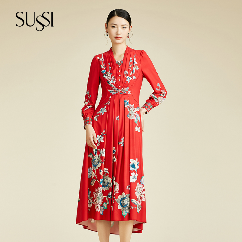 SUSSI/古色V领长袖中长款连衣裙