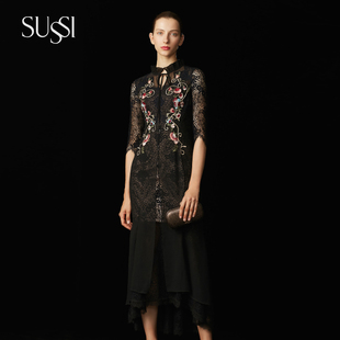 S型鱼尾黑色贴花连衣裙 SUSSI 国色天香 新品 29370680 古色秋季