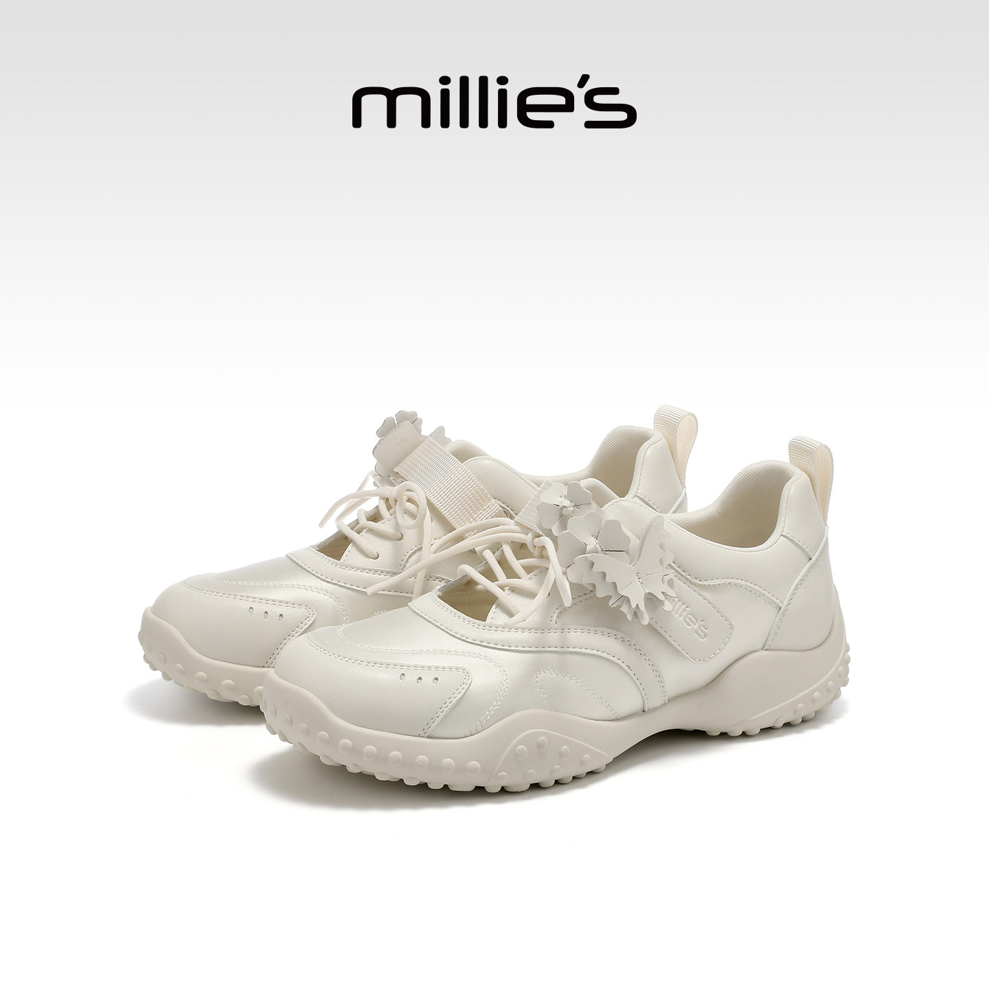 MILLIE'S/妙丽复古德训鞋女米白色厚底系带休闲鞋舒适软底运动鞋Z