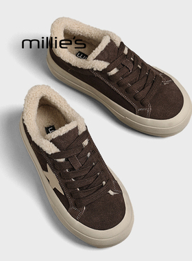 MILLIE'S/妙丽加绒星星板鞋女冬季款百搭厚底保暖做旧休闲运动鞋Z
