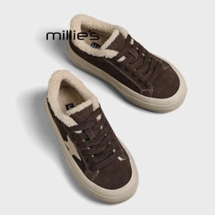 百搭厚底保暖做旧休闲运动鞋 妙丽加绒星星板鞋 款 女冬季 MILLIE