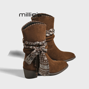 百搭雨鞋 妙丽西部风堆堆靴女粗跟麂皮短靴不累脚时尚 MILLIE