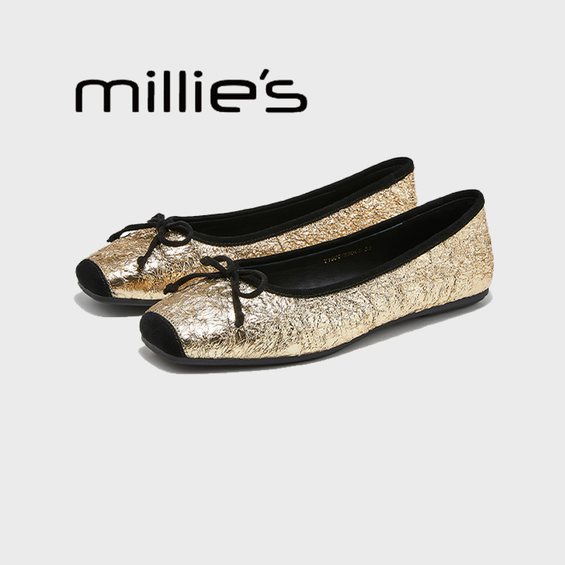 MILLIE'S/妙丽杏头平底一脚蹬小香风蝴蝶结时尚舒适浅口单鞋春季