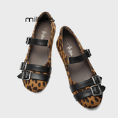 舒适单鞋 MILLIE 女春季 平底一字扣带复古时尚 妙丽豹纹玛丽珍鞋