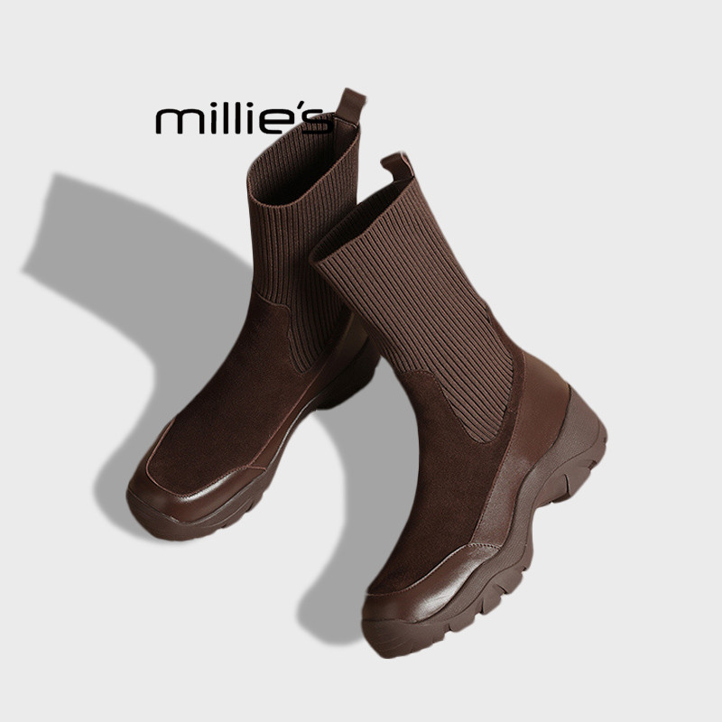 MILLIE'S/妙丽厚底弹力袜靴中筒瘦瘦靴切尔西靴针织拼接棕色短靴Z,女鞋,切尔西靴,淘宝优惠券,粉丝福利购,淘宝优惠卷