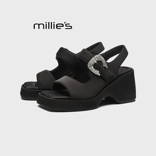 MILLIE'S/妙丽2026夏季凉鞋厚底丝绸布复古方头一字带后空高跟鞋