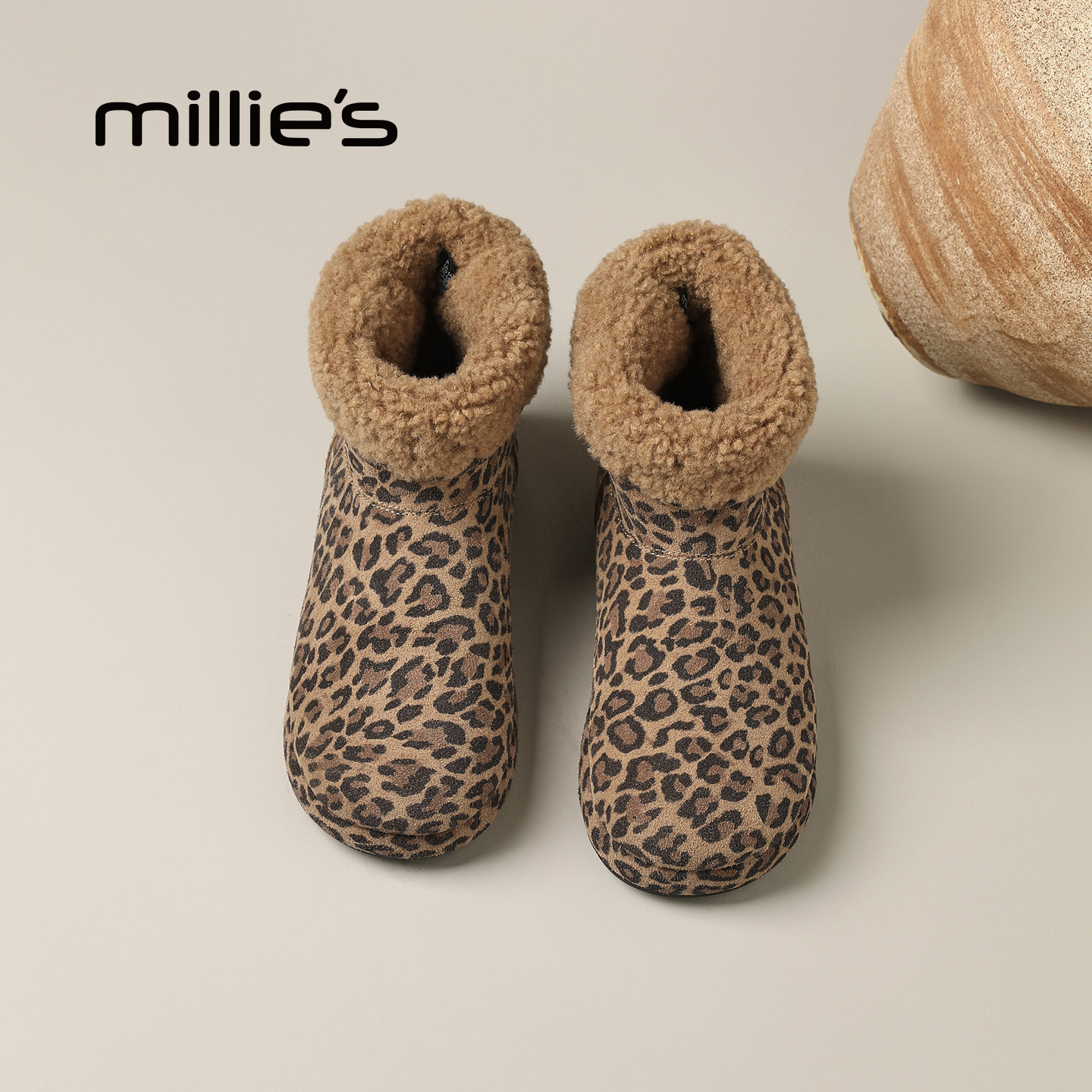 MILLIE'S/妙丽豹纹毛绒雪地靴女冬季厚底内增高显瘦短靴保暖棉鞋Q