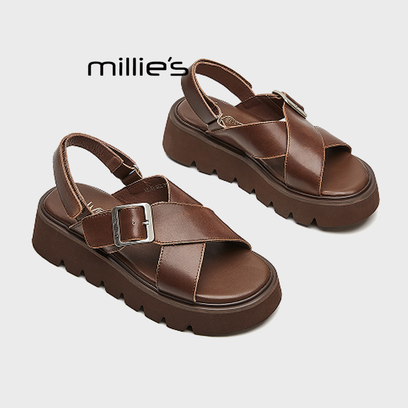 MILLIE'S/妙丽小个子增高厚底凉鞋女2025夏款露趾气质罗马沙滩鞋Z