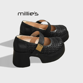 女鞋 妙丽2026新款 MILLIE 夏季 厚底增高玛丽珍鞋 编织镂空高跟鞋
