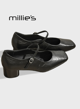MILLIE'S/妙丽简约秀气玛丽珍鞋女真皮中跟浅口方头配裙子的单鞋
