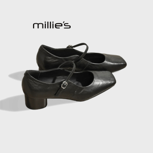 MILLIE'S/妙丽简约秀气玛丽珍鞋女真皮中跟浅口方头配裙子的单鞋